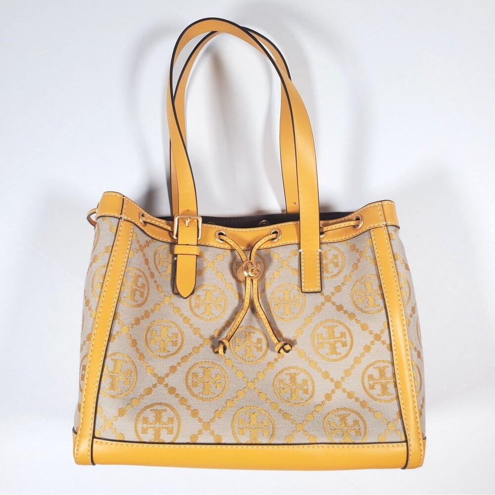 Tory Burch Women’s Tote Bag Small Goldfinch Yellow Tan T Monogram Jacquard